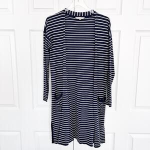 Athleta Striped Retreat Longline Open Front Cardigan Duster Navy White
